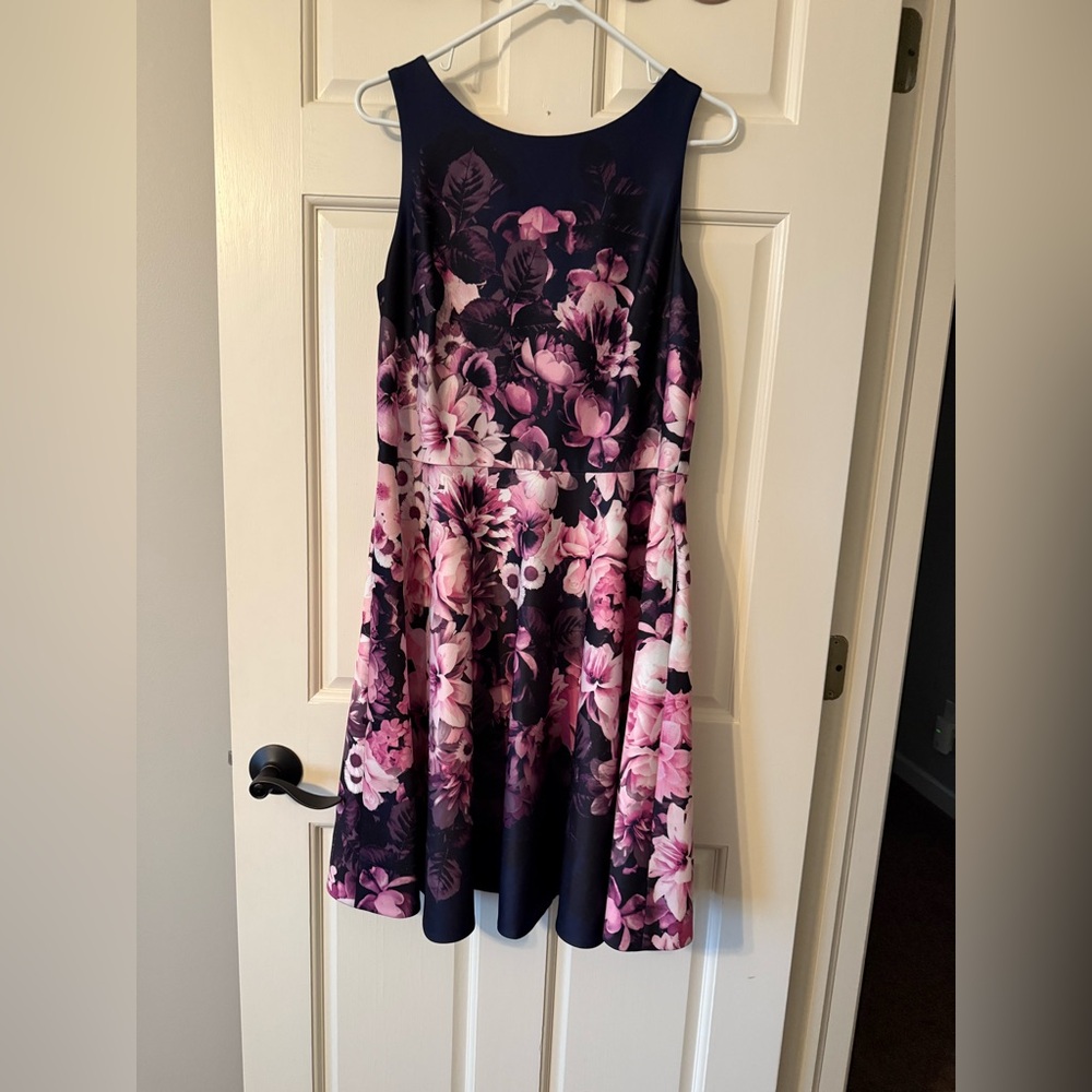 Eliza J Fit and Flare Dress in Navy and Pink with Pockets
